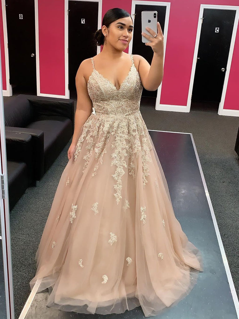 A Line V Neck Champagne Lace Long Prom Dresses, Champagne Lace Formal Shiny Party A Line V Neck Champagne Lace Long Prom Dresses, Champagne Lace Formal Shiny Party