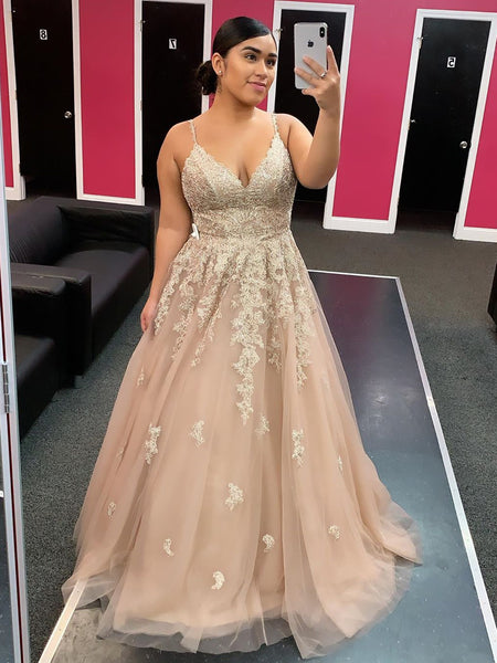 A Line V Neck Champagne Lace Long Prom Dresses, Champagne Lace Formal Dresses, Champagne Evening Dresses