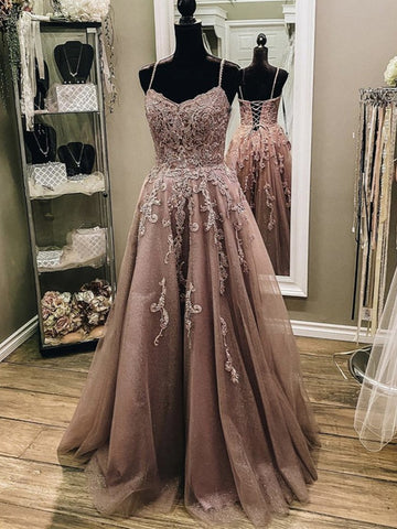 A Line V Neck Champagne Lace Long Prom Dresses, Champagne Lace Formal Evening Dresses