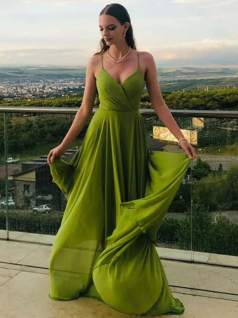 A Line V Neck Green Chiffon Long Prom Dresses with Leg Slit, V Neck Gr Shiny Party A Line V Neck Green Chiffon Long Prom Dresses with Leg Slit, V Neck Gr Shiny Party