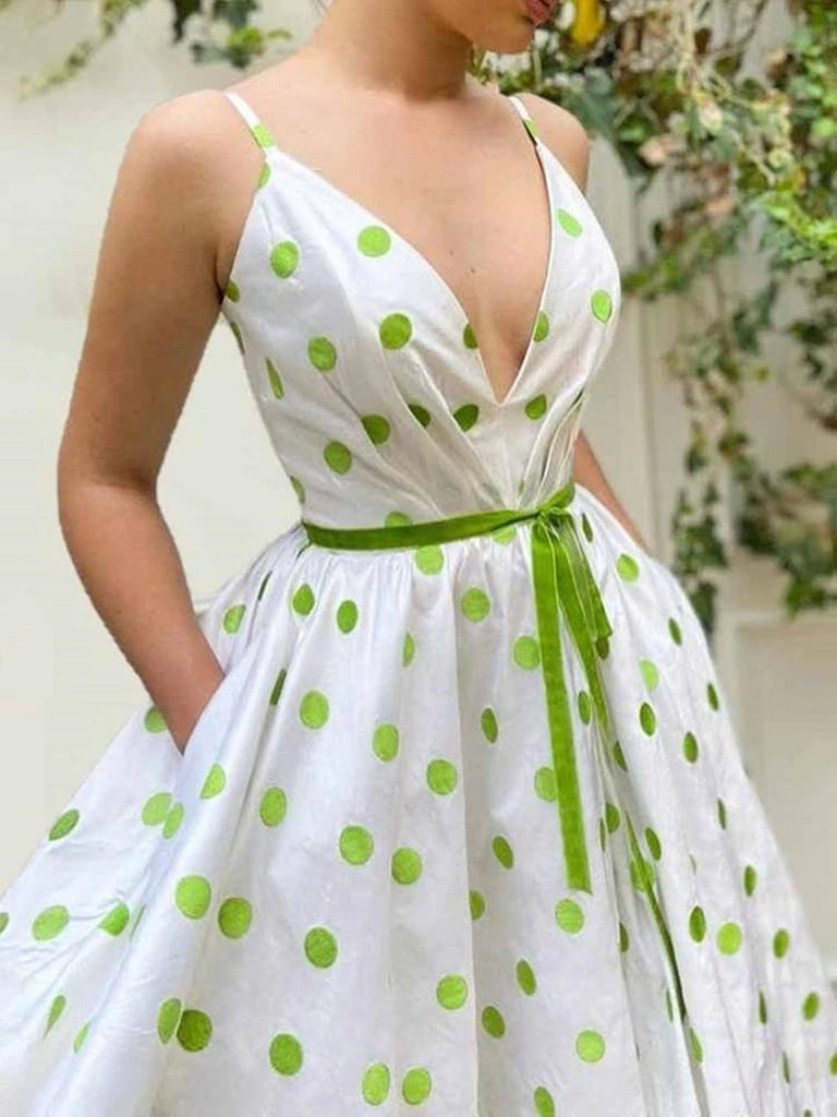 A Line V Neck Green Dot White Long Prom Dresses, Green Dot Long Formal Shiny Party A Line V Neck Green Dot White Long Prom Dresses, Green Dot Long Formal Shiny Party