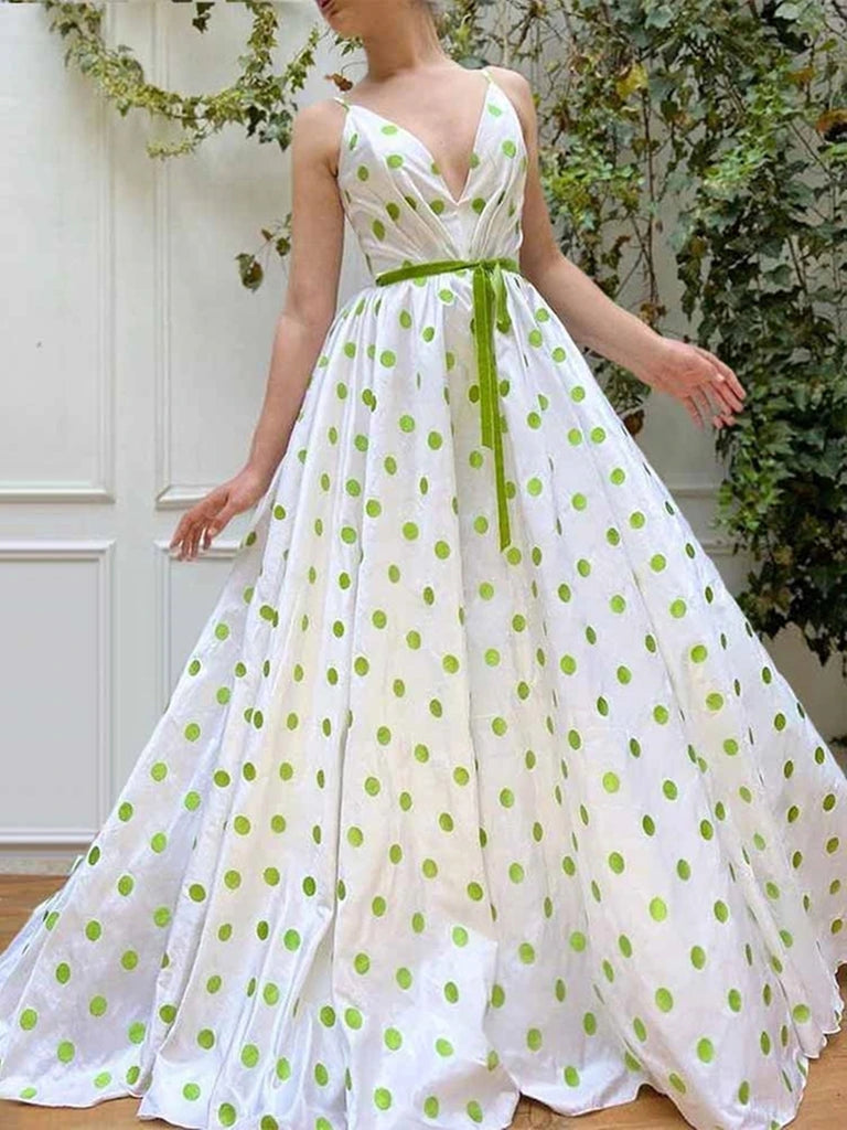 A Line V Neck Green Dot White Long Prom Dresses, Green Dot Long Formal Shiny Party A Line V Neck Green Dot White Long Prom Dresses, Green Dot Long Formal Shiny Party