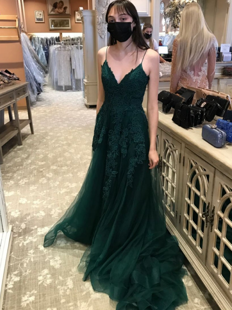 A Line V Neck Green Lace Long Prom Dresses, Green Lace Formal Dresses, Green Evening Dresses SP2583