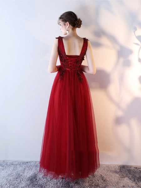 A Line V Neck Lace Burgundy Prom Dress, Burgundy Lace Prom Gown, Lace Evening Dress