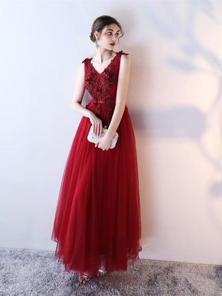 A Line V Neck Lace Burgundy Prom Dress, Burgundy Lace Prom Gown, Lace Evening Dress