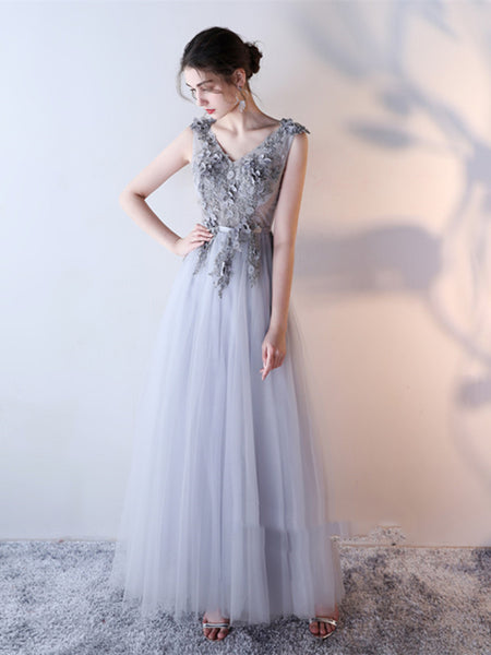 A Line V Neck Lace Grey Prom Dress, Grey Lace Prom Gown, Lace Evening Dress