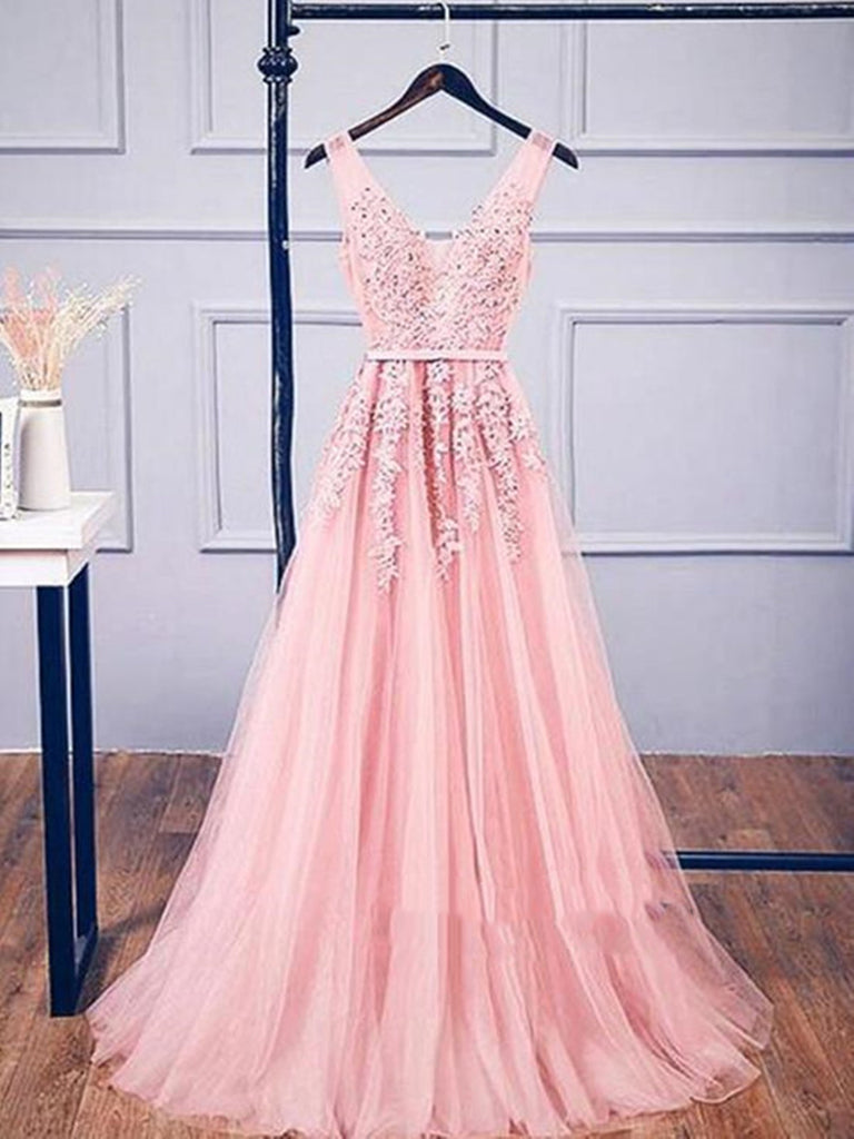 A Line V Neck Lace Pink Prom Dress, Pink Lace Formal Dress, Pink Evening Dress