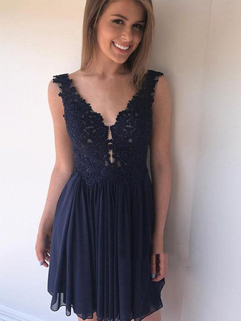 A Line V Neck Lace Short Navy Blue Prom Dress, Lace Navy Blue Formal D Shiny Party A Line V Neck Lace Short Navy Blue Prom Dress, Lace Navy Blue Formal D Shiny Party
