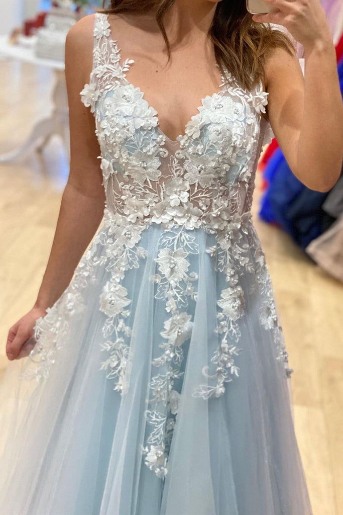 A Line V Neck Light Blue Lace Floral Long Prom Dresses, 3D Flowers Lig Shiny Party A Line V Neck Light Blue Lace Floral Long Prom Dresses, 3D Flowers Lig Shiny Party