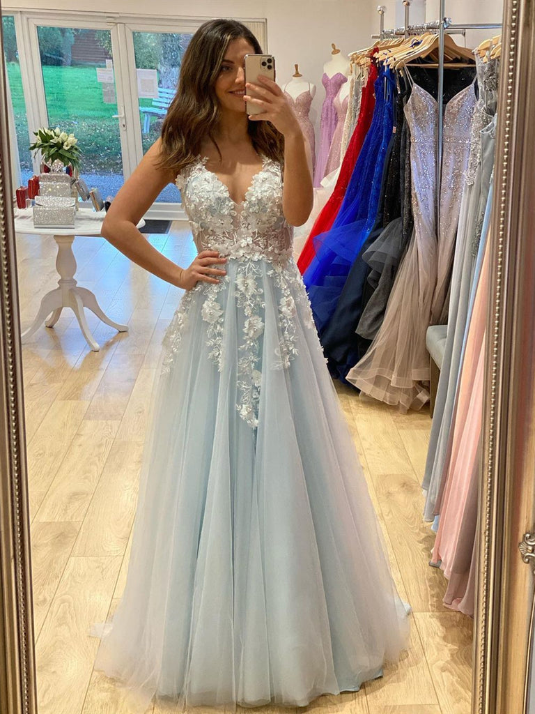 A Line V Neck Light Blue Lace Floral Long Prom Dresses, 3D Flowers Lig Shiny Party A Line V Neck Light Blue Lace Floral Long Prom Dresses, 3D Flowers Lig Shiny Party