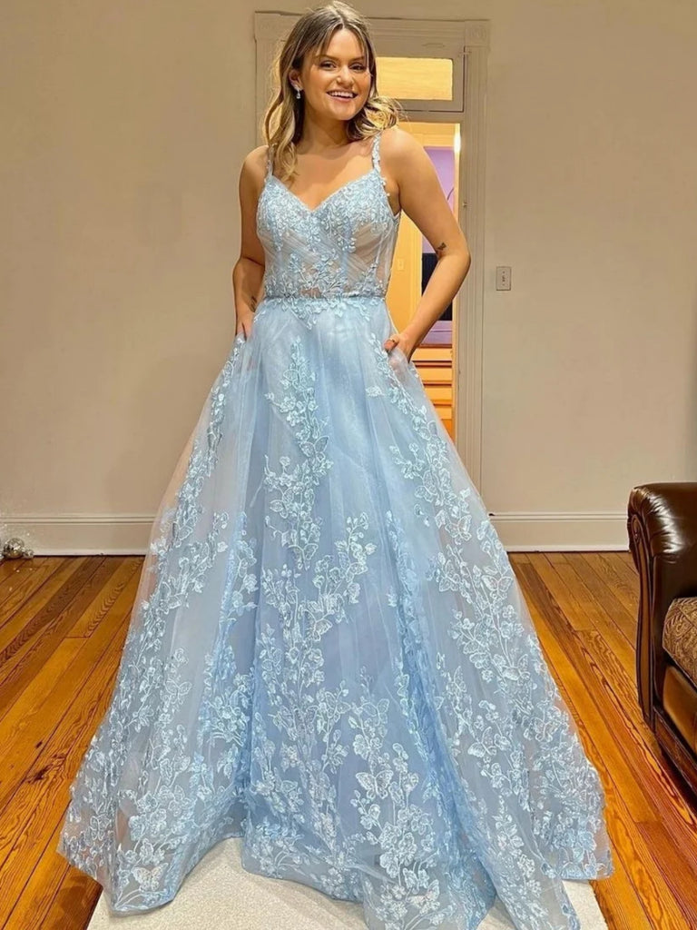 A Line V Neck Light Blue Lace Long Prom Dresses, Light Blue Floral Formal Graduation Evening Dresses SP2633 A Line V Neck Light Blue Lace Long Prom Dresses, Light Blue Floral Formal Graduation Evening Dresses SP2633