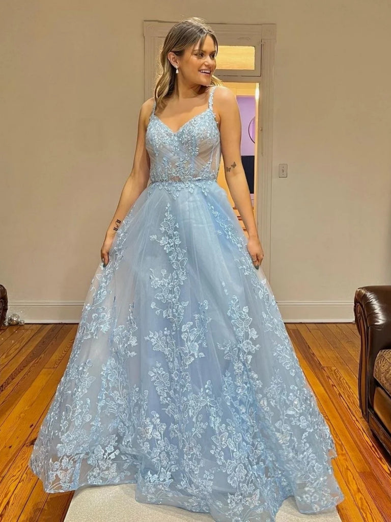 A Line V Neck Light Blue Lace Long Prom Dresses, Light Blue Floral For