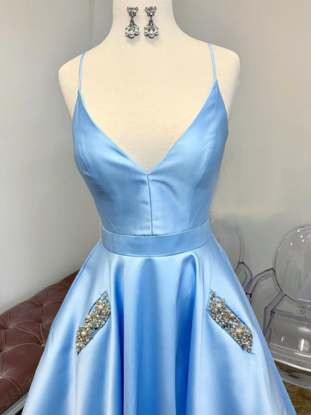 A Line V Neck Light Blue Satin Long Prom Dresses with Pocket, V Neck Light Blue Formal Evening Dresses