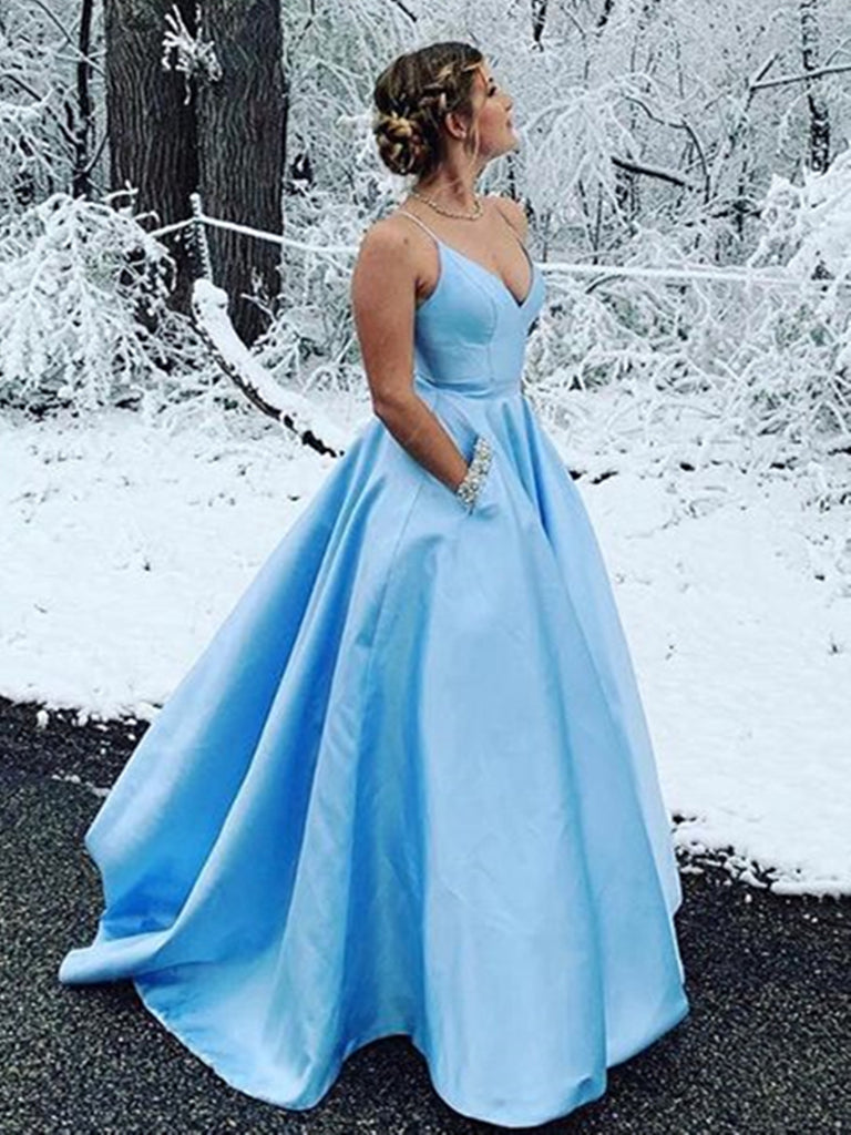 A Line V Neck Light Blue Satin Long Prom Dresses with Pocket, V Neck Light Blue Formal Evening Dresses A Line V Neck Light Blue Satin Long Prom Dresses with Pocket, V Neck Light Blue Formal Evening Dresses