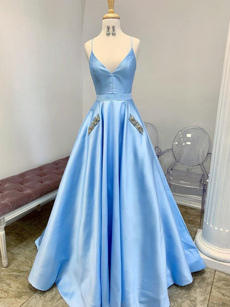 A Line V Neck Light Blue Satin Long Prom Dresses with Pocket, V Neck L Shiny Party A Line V Neck Light Blue Satin Long Prom Dresses with Pocket, V Neck L Shiny Party