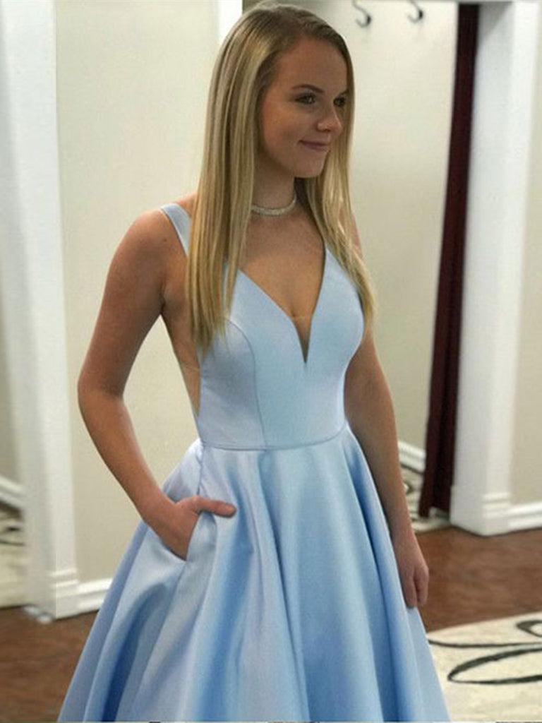 A Line V Neck Light Blue Satin Long Prom Dresses with Pocket, V Neck L Shiny Party A Line V Neck Light Blue Satin Long Prom Dresses with Pocket, V Neck L Shiny Party