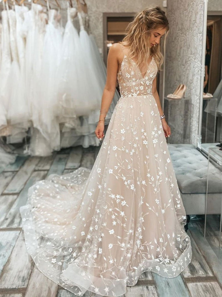 A Line V Neck Light Champagne Lace Floral Long Prom Dresses, Champagne Lace Formal Graduation Evening Dresses SP2163 A Line V Neck Light Champagne Lace Floral Long Prom Dresses, Champagne Lace Formal Graduation Evening Dresses SP2163