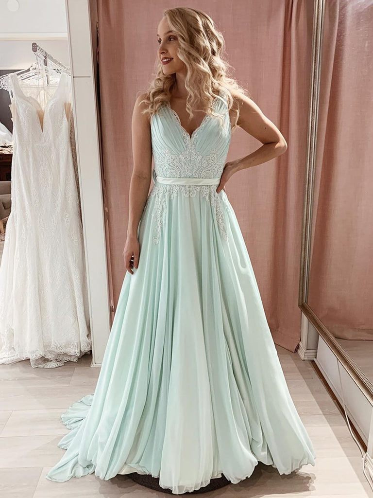 A Line V Neck Long Mint Green Lace Prom Dresses, Mint Green Lace Forma Shiny Party A Line V Neck Long Mint Green Lace Prom Dresses, Mint Green Lace Forma Shiny Party