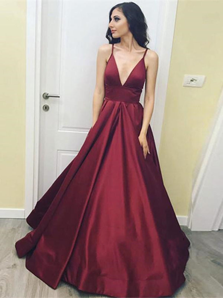 maroon graduation dress A Line V Neck Maroon Prom Dresses, Maroon Graduation Dresses, V Neck F – Shiny Party
