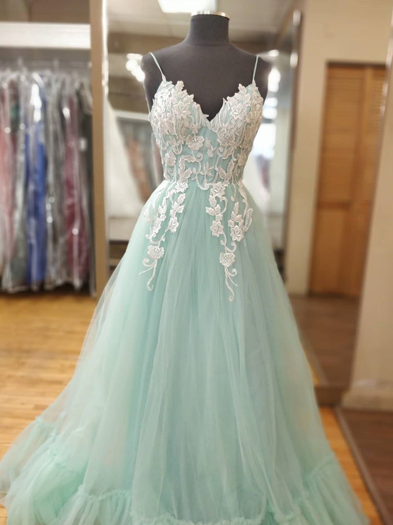 A Line V Neck Mint Green Lace Prom Dresses, Mint Green Lace Formal