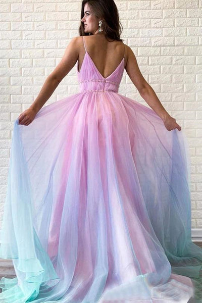 A Line V Neck Ombre Long Prom Dresses, Multi Color Ombre Long Formal Evening Dresses
