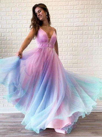 A Line V Neck Ombre Long Prom Dresses, Multi Color Ombre Long Formal Evening Dresses