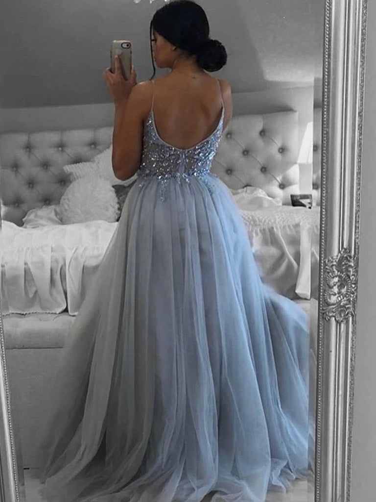 A Line V Neck Open Back Beaded Gray Long Prom Dresses, Backless Gray Formal Dresses, Gray Evening Dresses A Line V Neck Open Back Beaded Gray Long Prom Dresses, Backless Gray Formal Dresses, Gray Evening Dresses