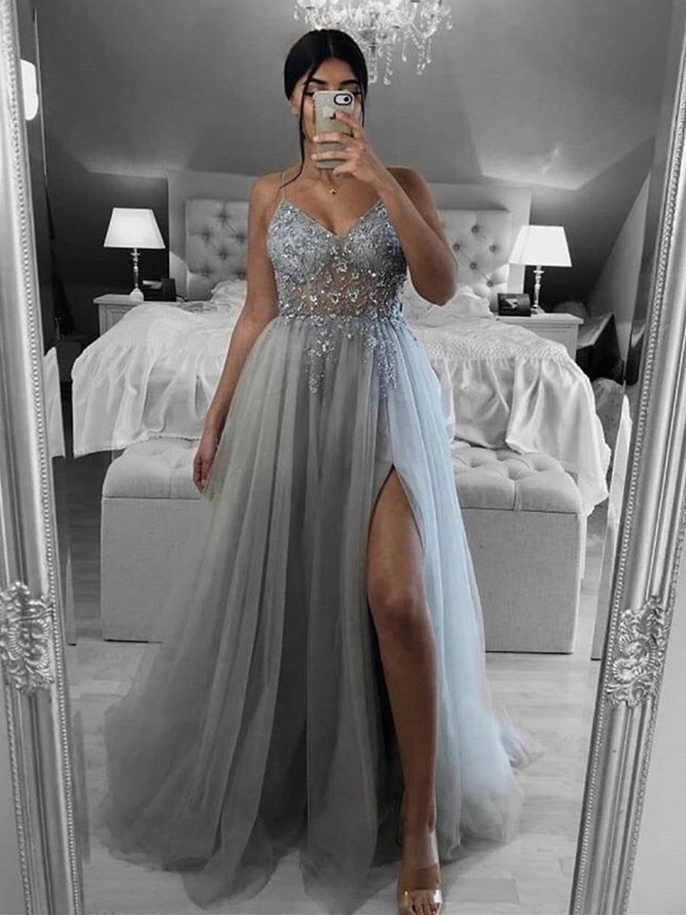 A Line V Neck Open Back Beaded Gray Long Prom Dresses, Backless Gray F Shiny Party A Line V Neck Open Back Beaded Gray Long Prom Dresses, Backless Gray F Shiny Party