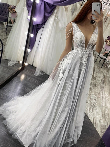 A Line V Neck Open Back Beaded Ivory Lace Long Prom Dresses with Gray Lining, Ivory Lace Wedding Dresses, Ivory Formal Evening Dresses