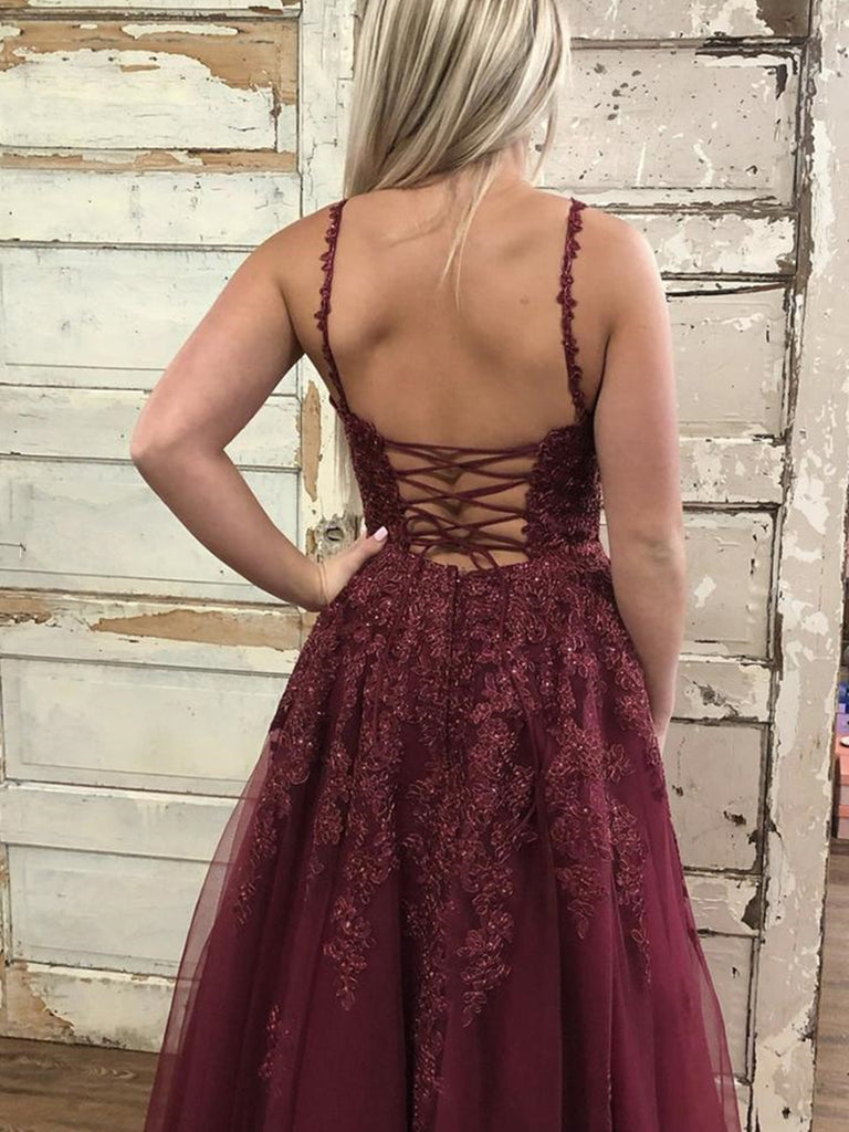 A Line V Neck Open Back Burgundy Lace Long Prom Dresses, Backless Burgundy Formal Dresses, Burgundy Lace Evening Dresses A Line V Neck Open Back Burgundy Lace Long Prom Dresses, Backless Burgundy Formal Dresses, Burgundy Lace Evening Dresses
