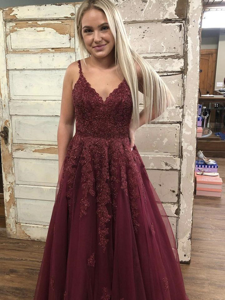 A Line V Neck Open Back Burgundy Lace Long Prom Dresses, Backless Burg Shiny Party A Line V Neck Open Back Burgundy Lace Long Prom Dresses, Backless Burg Shiny Party
