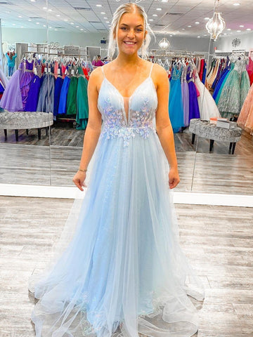 Shiny Sky Blue Tulle Spaghetti Straps Prom Dresses PL475 | Promnova US6 / As Picture