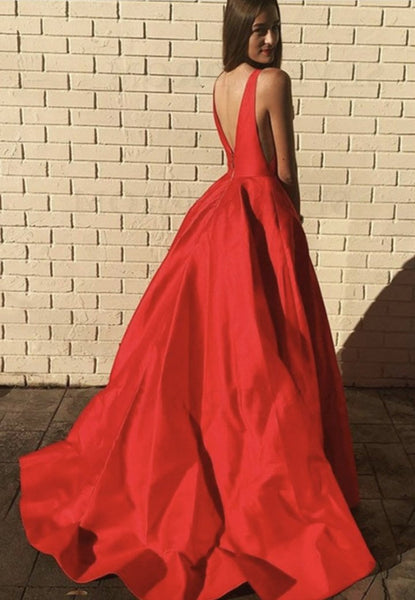 A Line V Neck Open Back Red Long Prom Dresses with Pocket, Backless Red Formal Graduation Evening Dresses