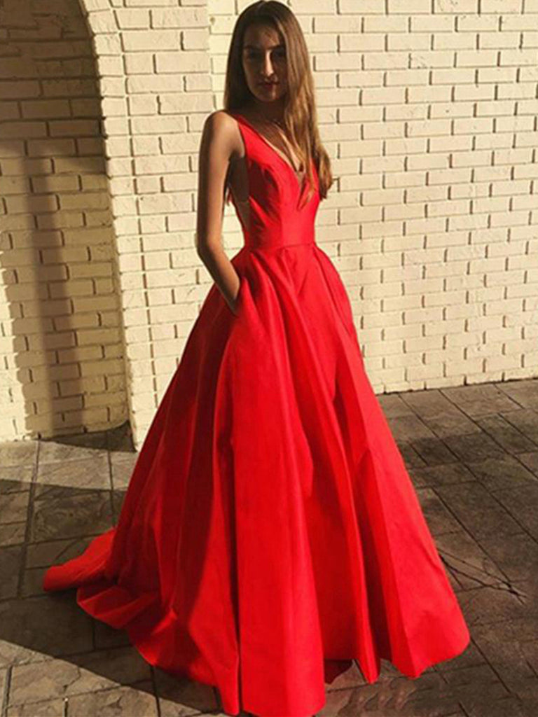 A Line V Neck Open Back Red Long Prom Dresses with Pocket, Backless Re Shiny Party A Line V Neck Open Back Red Long Prom Dresses with Pocket, Backless Re Shiny Party