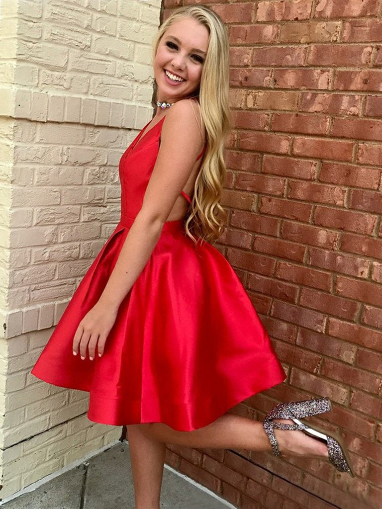 A Line V Neck Open Back Short Red Prom Homecoming Dresses, Short Backless Red Formal Graduation Evening Dresses A Line V Neck Open Back Short Red Prom Homecoming Dresses, Short Backless Red Formal Graduation Evening Dresses