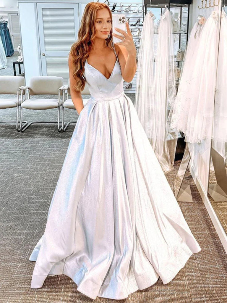 A Line V Neck Open Back Silver Long Prom Dresses, V Neck Silver Formal Shiny Party A Line V Neck Open Back Silver Long Prom Dresses, V Neck Silver Formal Shiny Party