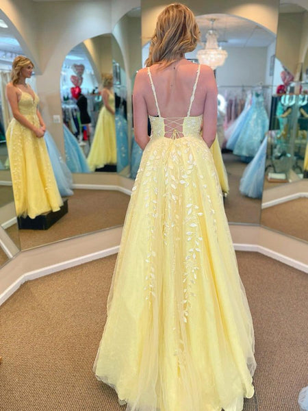 A Line V Neck Open Back Yellow Lace Tulle Long Prom Dresses with Appliques, Yellow Lace Formal Graduation Evening Dresses SP2340