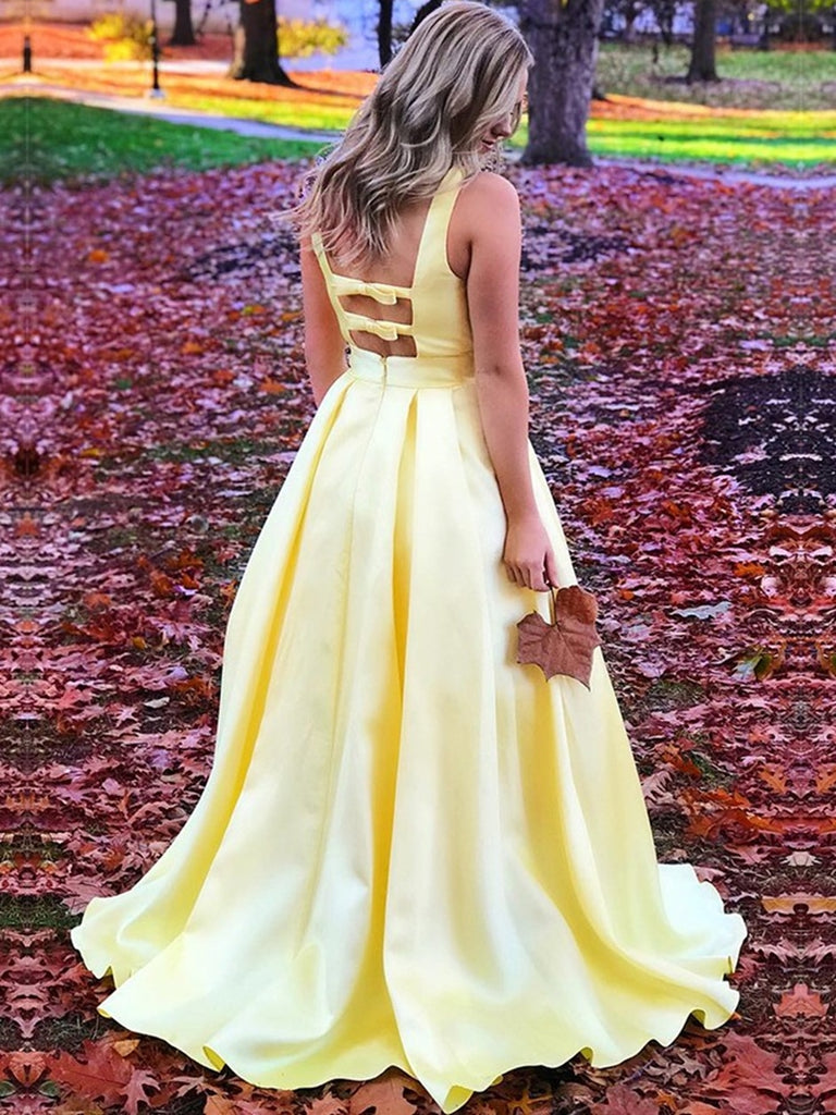 Cheap Two Piece Yellow Satin Formal Halter Long Simple Prom Dresses AP –  SheerGirl