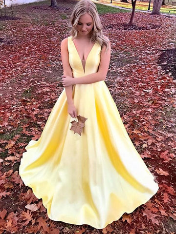 A Line V Neck Open Back Yellow Satin Long Prom Dresses, V Neck Yellow Formal Graduation Evening Dresses, Simple Party Dresses