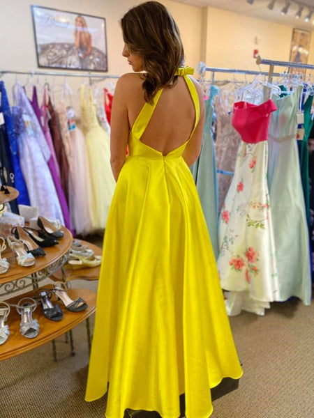 A Line V Neck Open Back Yellow Satin Long Prom Dresses with Slit, V Neck Yellow Formal Graduation Evening Dresses SP2360