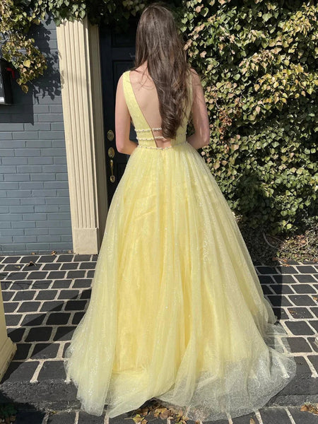 A Line V Neck Open Back Yellow Tulle Long Prom Dresses, Yellow Tulle Formal Evening Dresses with Belt2 SP2666