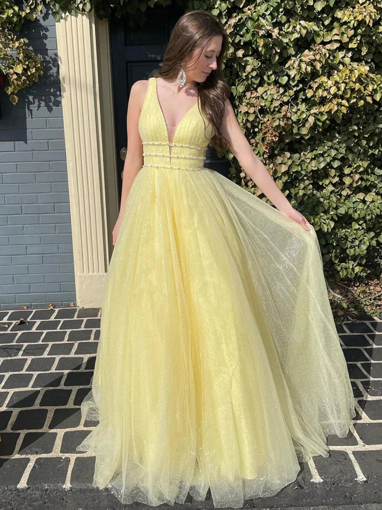 A Line V Neck Open Back Yellow Tulle Long Prom Dresses, Yellow Tulle Formal Evening Dresses with Belt2 SP2666