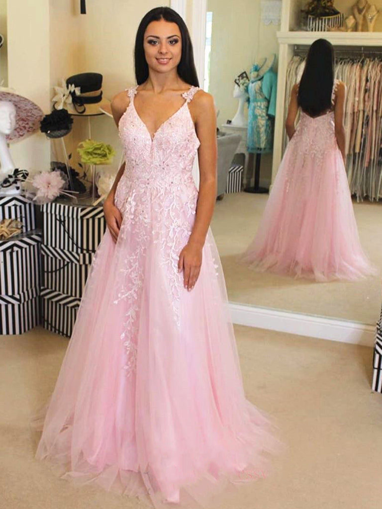 A Line V Neck Pink Lace Long Prom Dresses, Pink Lace Formal Dresses, Pink Evening Dresses SP2077