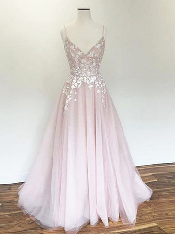 A Line V Neck Pink Lace Long Prom Dresses, Pink Long Lace Floral Formal Evening Dresses