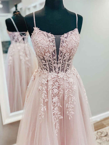 A Line V Neck Pink Tulle Lace Long Prom Dresses, Open Back Pink Formal Dresses, Pink Lace Evening Dresses SP2277