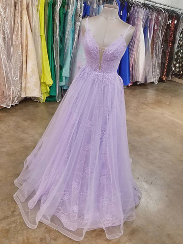 A Line V Neck Purple Lace Long Prom Dresses, Lilac Lace Long Formal Evening Dresses