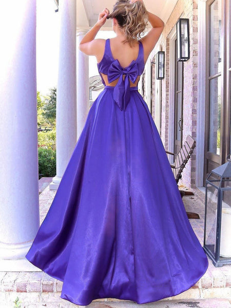A Line V Neck Purple Satin Long Prom Dresses with Pocket, V Neck Purple Formal Graduation Evening Dresses SP2317
