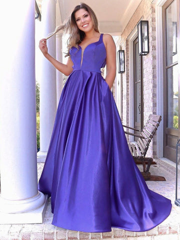 A Line V Neck Purple Satin Long Prom Dresses with Pocket, V Neck Purple Formal Graduation Evening Dresses SP2317