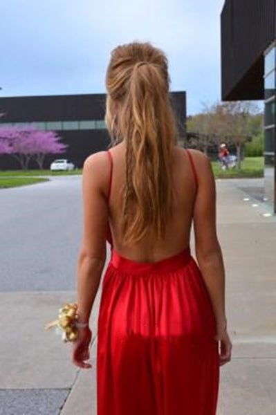 A Line V Neck Red Backless Prom Dress, Red Backless Formal Dress, Graduation Dress