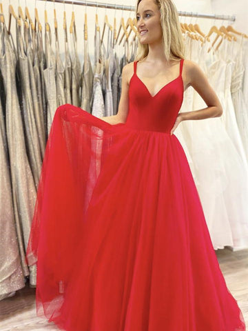 A Line V Neck Red Chiffon Long Prom Dresses, Red Long Formal Graduation Evening Dresses